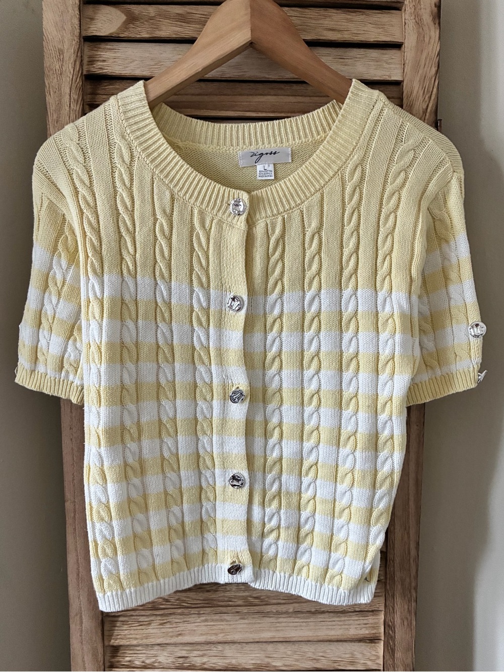 Vigoss Fall Yellow White Striped Cable Knit Old Money cardigan Sweater L